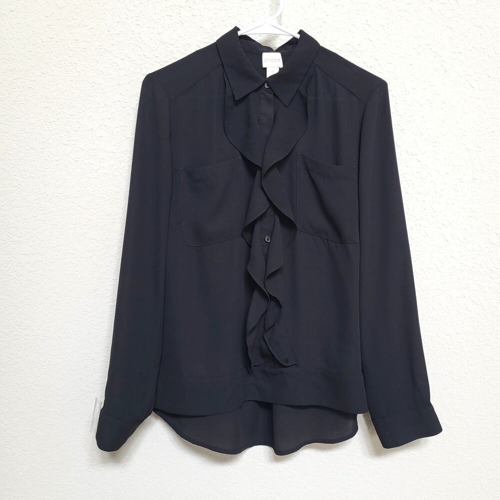 Black Blouse Womens Chicos 1 Medium 8 Ruffle Front Sheer Office Dressy